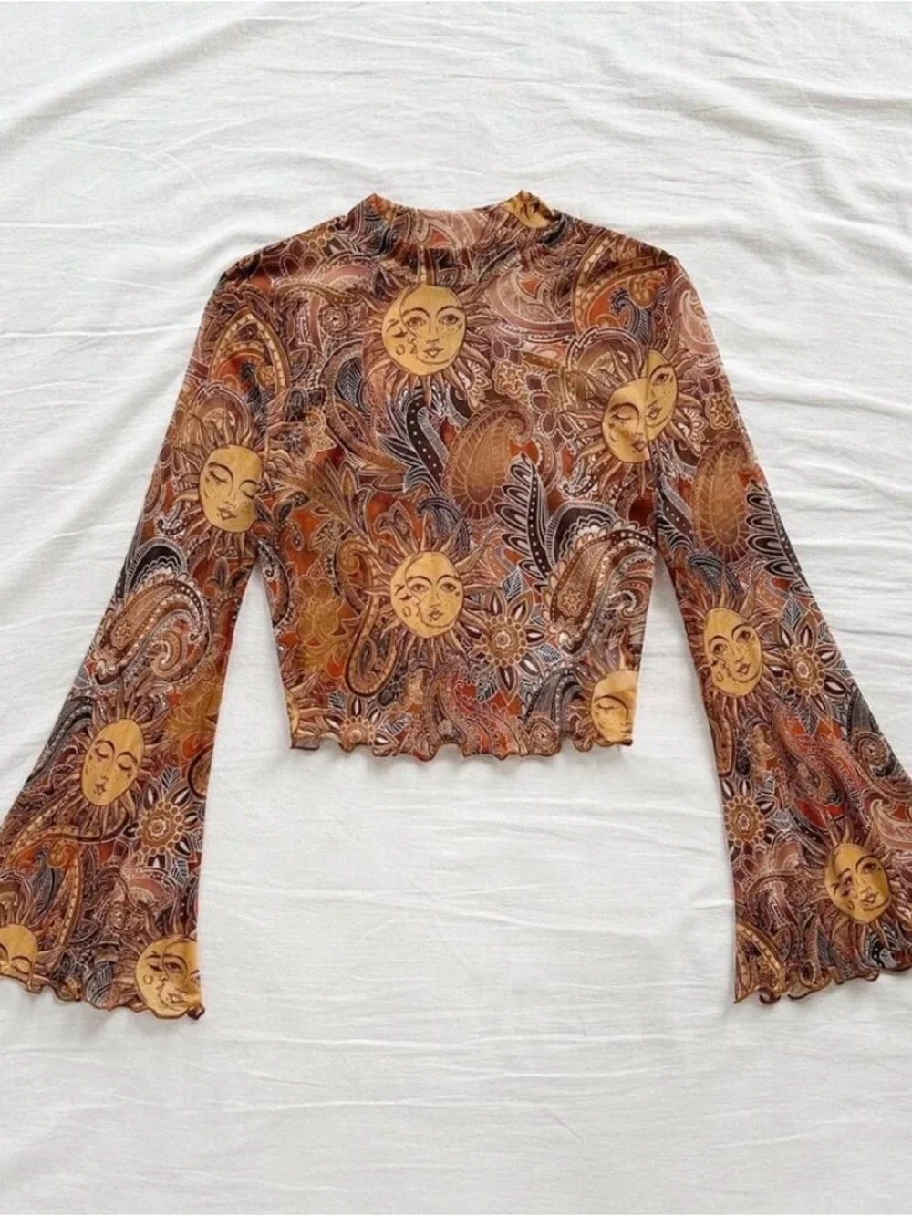 Sun Motif Brown Paisley Long-Sleeve Mesh Top - Picture 3 of 3